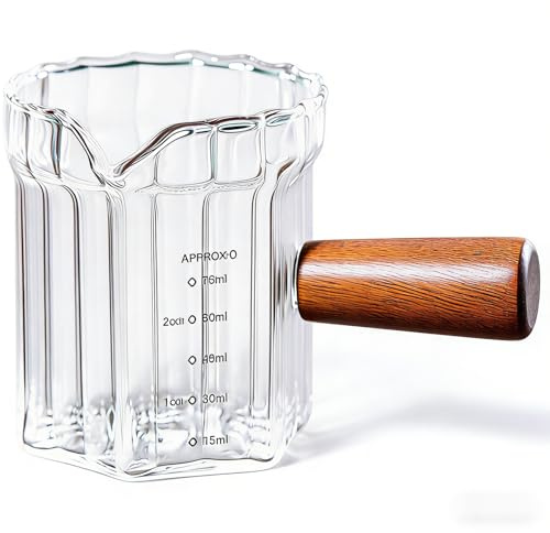 Espresso Cups with Wood Handle, 3.5OZ Double Spouts Glass Measuring Cup with Dual Scale, Clear Espresso Shot Glass with V-Shaped Mouth