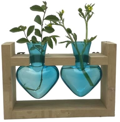 RIZGHWOY Vase en Verre en Forme de Cœur, Station de Propagation de Plantes Hydroponiques avec Support en Bois pour la Décoration de Jardin de Maison