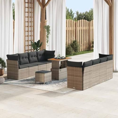 QUAHEAS Gartensofa-Set 11-teilig, Grau Poly-Rattan & Akazienholz, Modulares Design für Terrasse und Garten, UV-beständig, wetterfest, Bequeme Sitzgelegenheit für 10 Personen