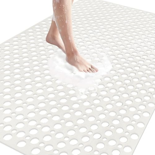 Tapis de Douche Antidérapant, 80x120 cm Tapis de Bain avec Ventouses, Tapis de Baignoire avec Trous D'évacuation, Grand Tapis Antidérapant en TPE, Séchage Rapide (Grand Blanc, 120x80 cm)