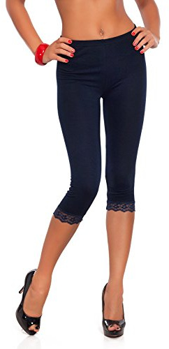 FUTURO FASHION Cropped 3/4 Lenght Cotton Leggings with Lace I Leg Side Floral Lace Capri Leggings I Sexy Summer Cropped Leggings I Sizes 8-22 UK Navy