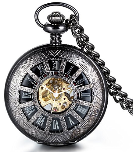JewelryWe Steampunk Handaufzug mechanische Taschenuhr, Klassiker Nostalgisch Quarzuhr Kettenuhr Uhr Anhänger mit römischen Ziffern Zifferblatt für Damen & Herren