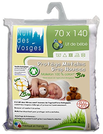 Nuit des Vosges 230142 Matratzenschoner, Molton, Bio für Babybett Baumwolle weiß 70 x 140 cm