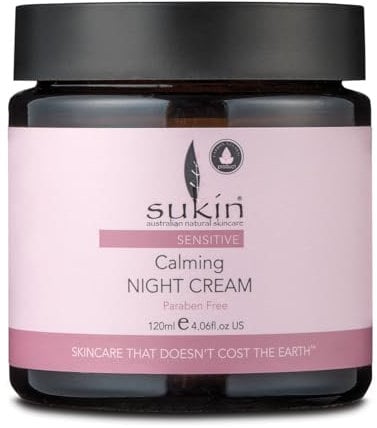 Sukin Sensitive beruhigende Nachtcreme, 120ml, mildert Rötungen und spendet Feuchtigkeit, mit Gurke, Kamille, Hagebutten-Öl, Vitamin E und Avocado-Öl, für Gesicht, Hals und Dekolleté, vegan