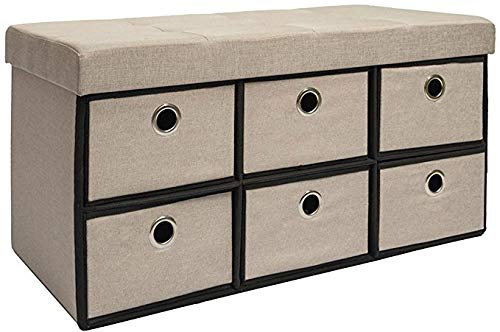 DuneDesign Faltbare Sitzbank 76x38x38cm inkl. 6 Schubladen Sitztruhe 80L Polsterbank Ottomane Leinen Beige-Grau