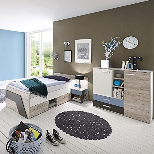Lomadox Jugendzimmer Kinderzimmer Schlafzimmer Set, Sandeiche mit weiß, Lava blau, 90x200 cm Einzelbett Kojenbett, Nachtschrank, Highboard-Kommode