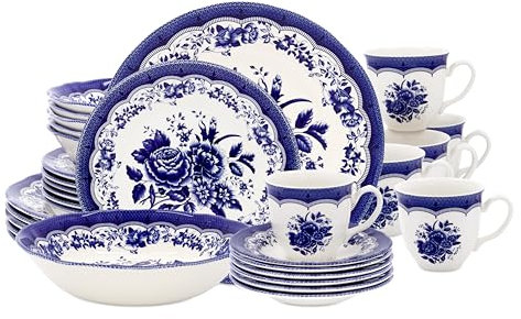 TUDOR ROYAL 30-teiliges Premium-Qualität, rundes Porzellan-Geschirr-Set, Service für 6 Personen, viktorianisches Blau, Blumenmuster, Teller, Schüsseln, Tassen, feines Keramikgeschirr, einzigartiges