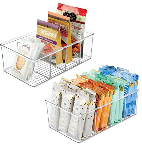 Zeilako mDesign Stackable Storage Box (Set of 2) - Practical Plastic Storage Basket with 4 Compartments - Modern Kitchen Storage for Soups, Bags, Spices etc - Clear