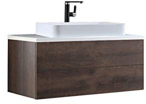 StoneArt Badmöbel Set mit Mineralguss Waschbecken Waschschale Aufsatzwaschbecken und Unterschrank Waschtisch Einzel- oder Doppelwaschbecken Brugge BU-1001pro-5 Eiche dunkel 100cm