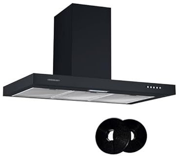 Cookology TSH901BK/A A Energy Rated 90cm Chimney Cooker Hood Extractor Fan, 3 Speed 315m3/hour, LED Lights, Wall Mount Range Hoods with CF150 Filters - in Black