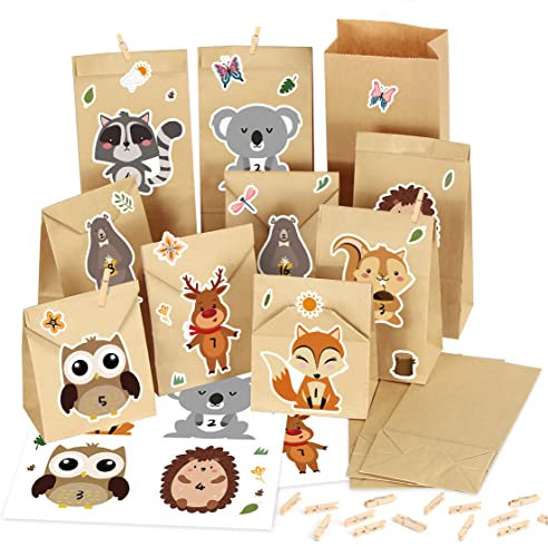 Adventskalender zum Befüllen Kinder, 24 Adventskalender Kraftpapiertüten zum individuellen Gestalten und zum Selber Füllen, Weihnachtskalender DIY Bastelset (Waldtiere)
