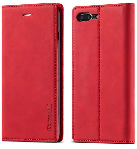 QLTYPRI Hülle für iPhone 7 Plus 8 Plus, Vintage Matte Handyhülle mit Kartenfach Geld Slot Ständer PU Ledertasche TPU Bumper Flip Schutzhülle Kompatibel mit iPhone 7 Plus 8 Plus - Rot