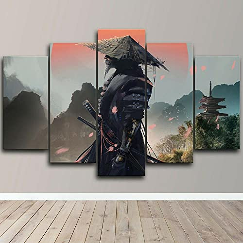 GFHFG Samouraï Japonais Tableau Multi Panneau 5 Parties Impression sur Toile Pieces Toile Xxl150X80Cm Tableau Tableaux Moderne Decor Murale Cadeau Créatif