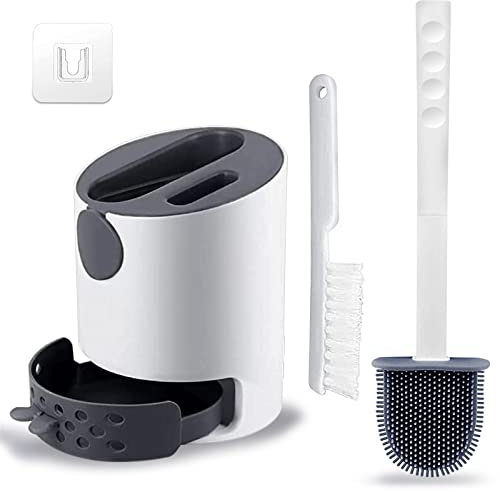 Hulameda [Double-Headed] Toilet Brush and Holder, Non-Slip Handle Soft Flexible Flat Head Bristles Silicone Toilet Brush, Drawer Type Quick Drying Base, Gray & White, (Flooring/Mounted Wall)