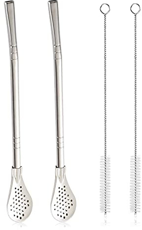Yerba Mate Bombilla-Strohhalm-Filterlöffel mit 2 Reinigungsbürsten, wiederverwendbarer Metall-Trinkhalmlöffel, Cocktail-Rührer zum Trinken von losem Tee, Eiskaffee, Silber, 2 Stück