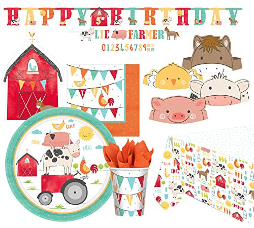 Amscan 9907565-66 - Partyset Barnyard Birthday, 51-teilig, Einweggeschirr & Dekoration, Tier-Motiv, Bauernhof, Kuh, Schwein, Huhn, Pferd, Kindergeburtstag, Motto-Party