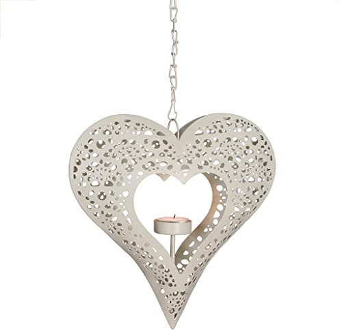 Tea Light Holder Candle Lantern Hanging Heart Tealight Holder Outdoor Garden Alfresco Décor (Ivory White)