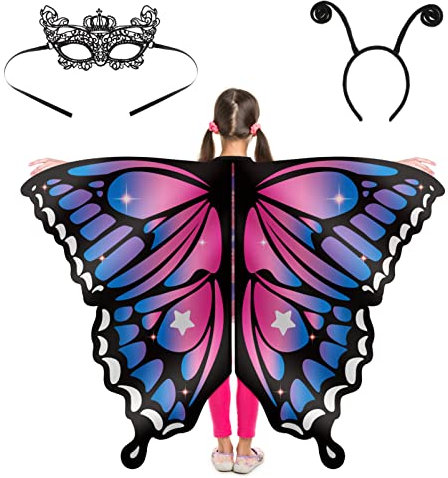Schmetterling Kostüm Kinder, Karneval Schmetterlingsflügel Mädchen, Feenflügel Umhang mit Spitze Maske Fühler Haarreif für Jungen Verkleiden Prinzessin Party Princess Gastgesch