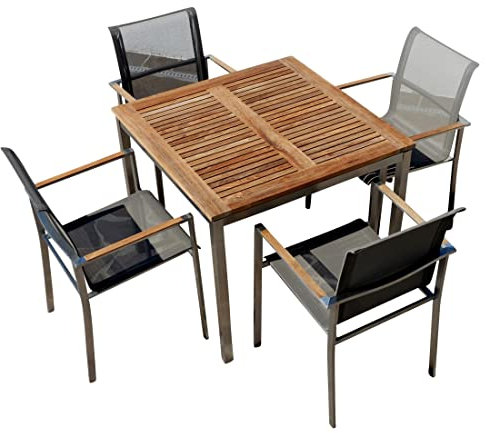 ALEOS. Gartengarnitur Gartenstühle und Tisch Sitzgruppe 5-teilig aus Edelstahl Batyline Bespannung massives A-Grade Teak Holz Set: Tisch 90x90 cm + 4 Sessel Serie Kuba-BRAUN Gastroqualität