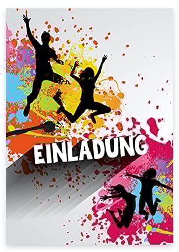 12 bunte Einladungskarten zum Kindergeburtstag Jump-Party + 12 Umschläge, Postkarte, Jump Party Springen 10,5x14,8cm, mit vorgedrucktem Text Einladung Karten Kinder Kids birthday
