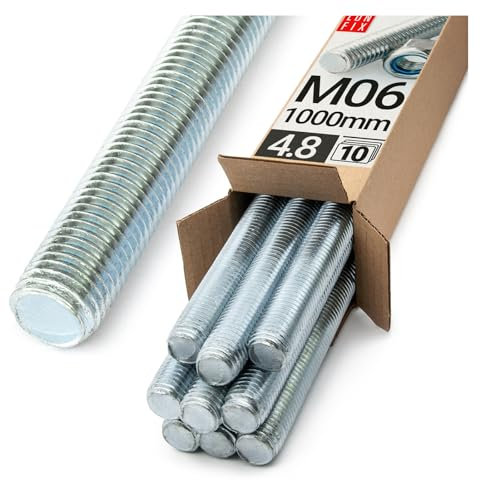 Lun Fix Asta filettata M6 x 1000 mm, 10 pezzi | classe di resistenza 4.8 | DIN 975| acciaio zincato, acciaio al carbonio | asta filettata con filettatura metrica | perno filettato metrico secondo gli