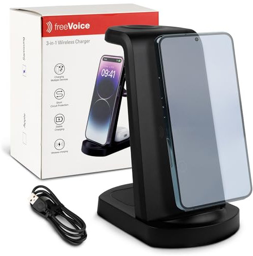 freeVoice Wireless Charger für Samsung I Kabelloses Ladegerät 3in1 I Induktive Ladestation für Handy, Smartwatch & Kopfhörer I 15 Watt Schnellladegerät I Drahtloses Ladegerät
