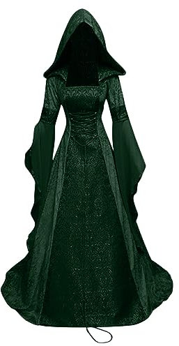 Cosplay Kostüm Damen Halloween Mittelalter Kleid Lang Bodenlanges Cocktailkleid mit Kapuze Korsett Gothic Kleider Elegante A-Linie Partykleid Trompetenärmel Abendkleid Frauen Ballkleid
