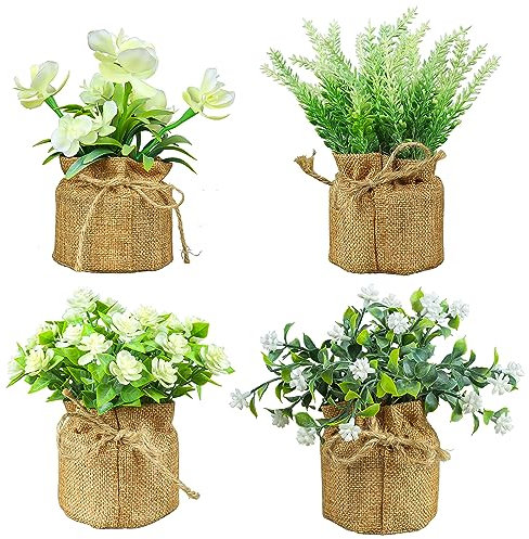 4 Pezzi Piante Artificiale Finte da Interno per Decor, Piante Artificiali In Vasi Di Iuta, Pianta Artificiale Da Interno per Home Bagno Ufficio Tabella Decorazione