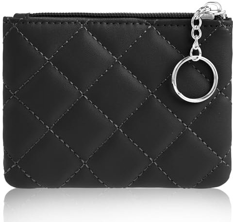 Simarro Petit Porte-Monnaie pour Femme, Motif Losange Brodé en Polyuréthane, Fermeture Éclair, Porte-Clés, Poche Zippée pour Fille, Noir
