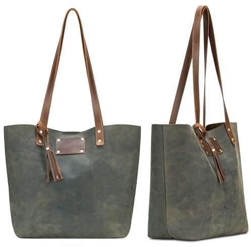 Blade Echtleder Tote Bag – Damen Leder Shopper Tasche– Hochwertige Leder Laptoptasche, Henkeltasche - Multifunktionale Tote Bag Aesthetic Leder für den Täglichen Gebrauch und Reisen - Grün