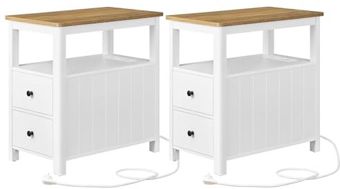 VASAGLE Beistelltisch, 2er Set, schmaler Nachttisch mit Steckdosenleiste, 2 Schubladen, Sofatisch, für kleine Räume, maritimer Stil, walnussbraun-weiß LCT649W01