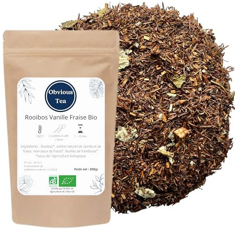 Rooibos Vanille Fraise Bio - Thé Rouge Vegan en Vrac, 100% Naturel, Sans OGM - Agriculture Biologique - Fabrication Française - Sachet 200 gr (100 Tasses)