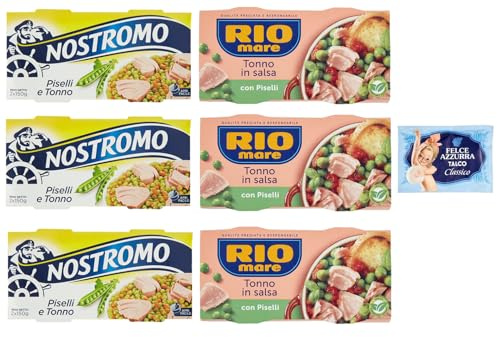 6er-Pack Testpaket Rio Mare Nostromo Thunfisch und Erbsen Fertiggericht, 2x150g + 1er-Pack Kostenlos Felce Azzurra Talkumpuder, 100g-Beutel