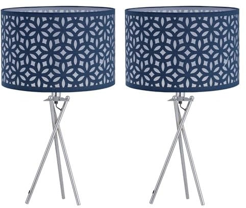 firstchoicelighting Set of 2 Polished Chrome Tripod Table Lamps or Bedside Lights, Modern, Navy Blue Cut Out Shade, Height 52cm, LED Compatible