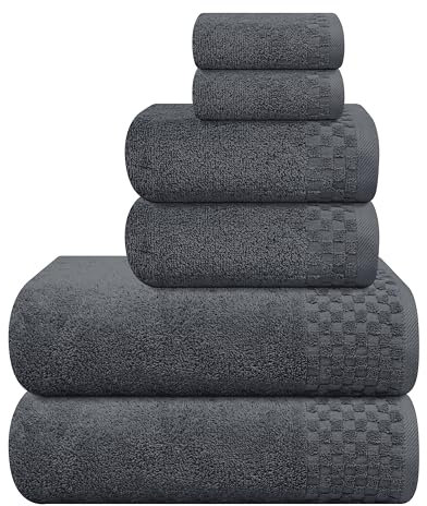 MyOwn Ultra-weiches 6er-Pack Baumwoll-Handtuch-Set, enthält 2 übergroße Badetücher 70 x 140 cm, 2 Handtücher 40 x 60 cm und 2 Waschbetten 30 x 30 cm, Holzkohle Grau