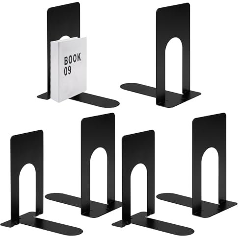 Buchstütze Metall, 6er Pack Buchstützen 80 x 70 x 130mm, Bücherhalter für Bücher, Magazine und DVDs Organzier, Schwarz Bücher Halterung Regal für Kinder, Schule, Bibliothek