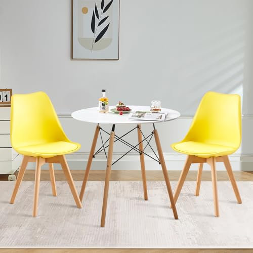 H.J WeDoo Esstisch mit 2 Stühlen Esszimmergruppe, Essgruppe Rund Küchentisch und 2er Set Esszimmerstühle Sitzgruppe für Küche Esszimmer Wohnzimmer(Weiß Tisch+2 Gelb Stühl)