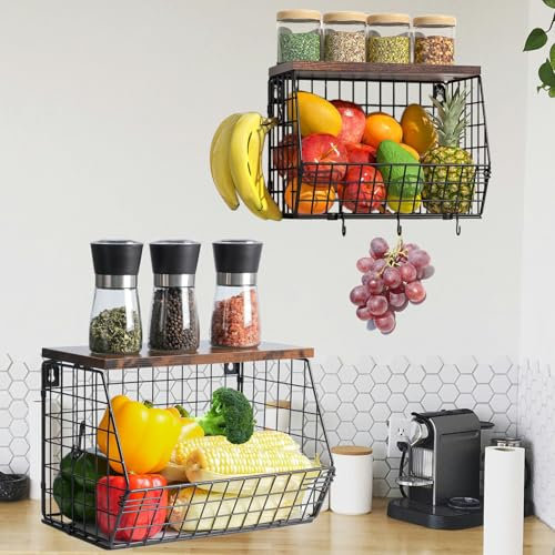 Obstkorb Hängend 2 Etagere Küchenorganisator, Hängekorb für Obst und Gemüse Aufbewahrung Wand Stapelbar Obstschale mit Holzdeckel für Küchentheke, 2 Stück Metall Obstkorb und SnackKörbe, Schwarz