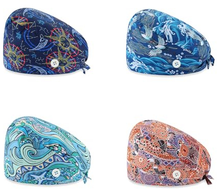 LIAOPUFUS 4 Piezas Gorro de Trabajo Unisex Turbante con Botón Cubren Cabeza Pañuelo Estampado