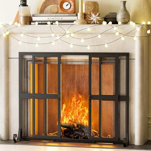 Fireplace Screen with Sliding Doors, 37.8 W x 35 H Handcrafted Wrought Iron Fire Spark Guard Fire Place Gate Protector for Living Room, Children and Pet Safety (35 L x 28 H)