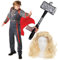 Disfraz de Thor del Dios del Trueno para adultos, disfraz azul marino y rojo con capa, peluca larga rubia, martillo de plástico, disfraz de Halloween para adultos