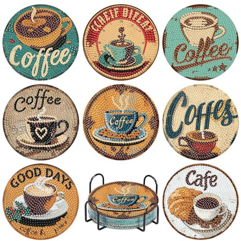 Untersetzer mit Kaffee-Diamant-Malerei, 8-teilig, Kaffee-Diamant-Kunst-Untersetzer mit Halter, Bastelsets für DIY-Untersetzer, Diamant-Kunst-Sets für Erwachsene