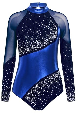 iEFiEL Gymnastikanzug Damen Glitzer Turnanzug Langarm Ballettanzug Tanzbody Einteiler Trikotanzug Leotard Wettbewerb Tanzkostüm Marineblau und Blau M