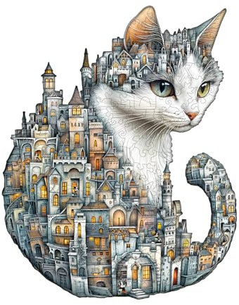 WOODBESTS Holzpuzzle Erwachsene, Stadt der Katzen Holzpuzzles, 205 Teile Holz Puzzle, Unregelmäßige Einzigartige Tierform Puzzle, Schön Geschenke für Puzzleliebhaber (34 * 27.2 cm)