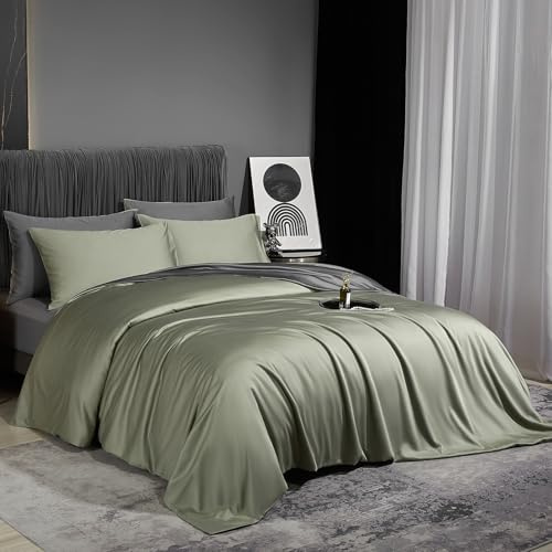 DXHOME Bambus Bettwäsche 135x200cm 4teilig Salbeigrün Grün Dunkelgrau Uni Glatt Wende Sommerbettwäsche Bambusfaser Luxus Lyocell Kühlende Bettbezüge mit Reißverschluss und 2 Kissenbezüge 80×80cm
