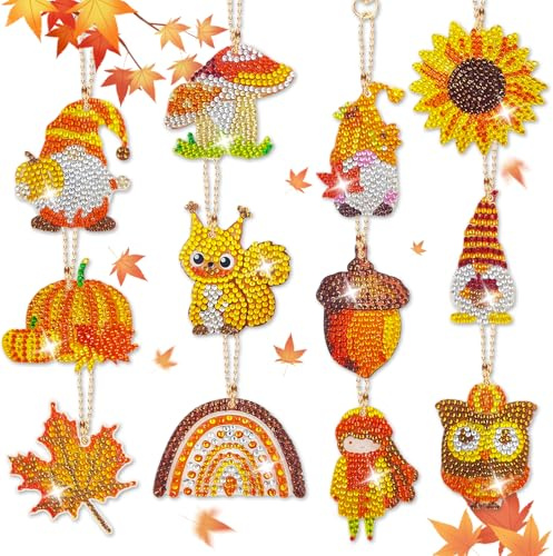 12 Stück Diamond Painting Schlüsselanhänger Herbst Basteln Kinder, Diamond Painting Anhänger, 5D Doppelseitige, Herbstbasteln mit kindern, Cartoon Herbst Tieren & Herbstfrüchten Bastelset