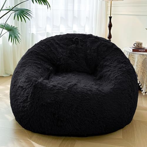XeGe 5FT Giant Fluffy Bean Bag Chair Cover(No Filler), Ultra Soft Faux Fur Stuffed Animal Storage Bean Bag, Plush Shaggy XL Large Beanbag for Living Room Bedroom Home Decor, Black