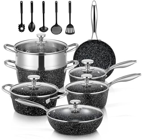 FOHERE Nonstick Pots and Pans Set with Lids 17 PCS, Ceramic Coating