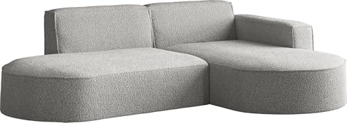 WFL GROUP Ecksofa 3-Sitzer im Loft-Stil, Skandi-Design – L-Form Wohnlandschaft, Ottomane, Ecke Rechts – inkl. Dekokissen, weiches Boucle – Hellgrau