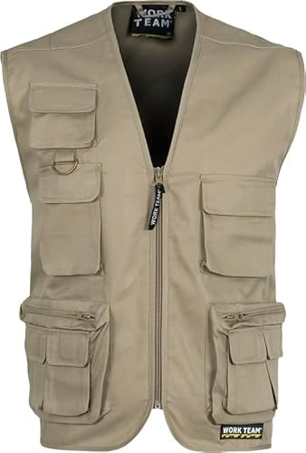 WORKTEAM Chaleco Safari Multibolsillos, Chaleco con Cremallera y Bolsillos Funcionales, Escote Pico, Unisex